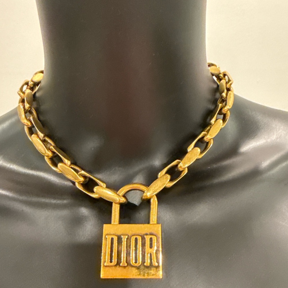 Christian Dior Padlock Chain Necklace Gold Tone Statement Runway Lock Necklace